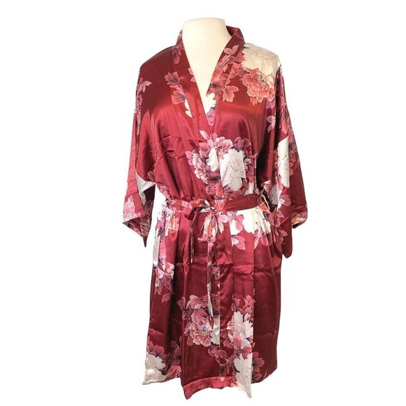 Unbranded Other - Asian-inspired Floral Kimono Robe Maroon Red w/Pink and White Flowers Womens OS